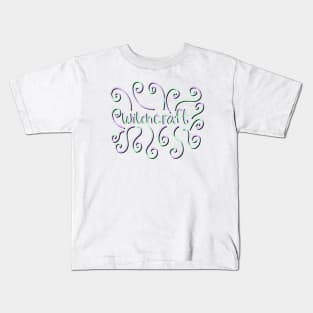 Spooky Witchcraft Lettering and Swirls in Green and Purple, on a White Backdrop, made by EndlessEmporium Kids T-Shirt